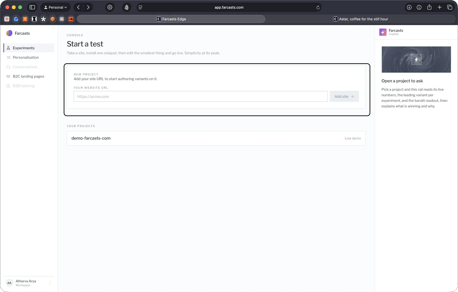 The Start a test screen in the Farcasts dashboard, with a field to add your website URL.